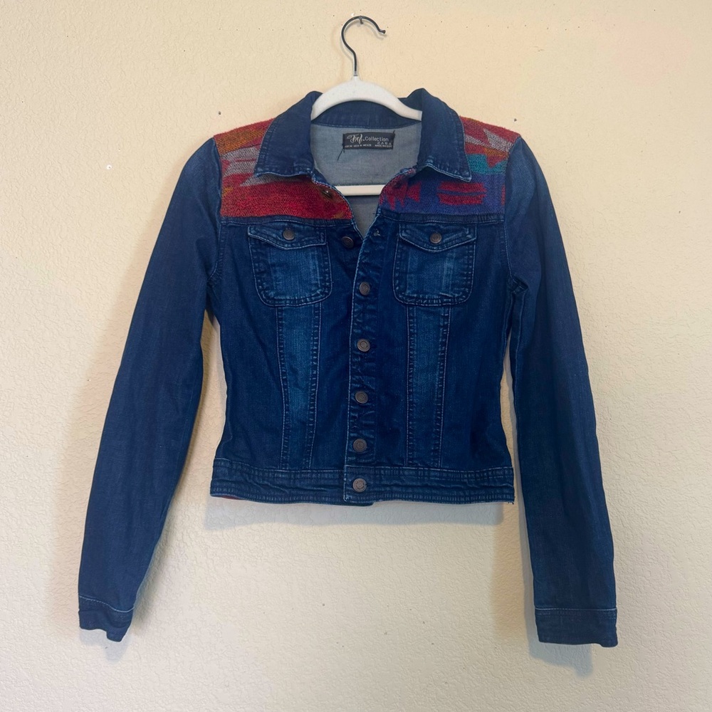 Zara Dark Blue Denim Jacket with Red and Orange Western Pattern